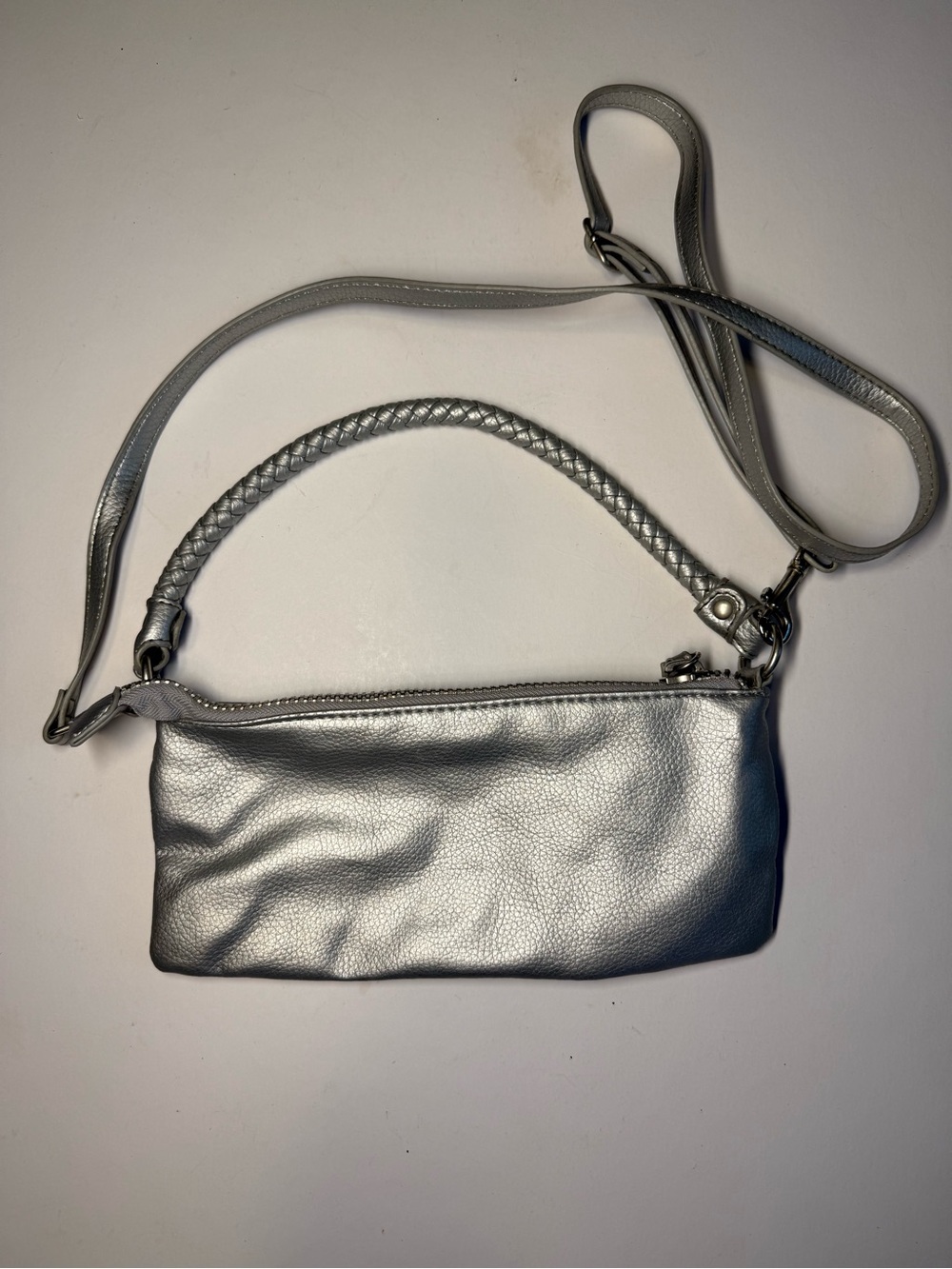 Metallic Silver Mini Crossbody Bag with Braided Handle - Picture 2 of 5